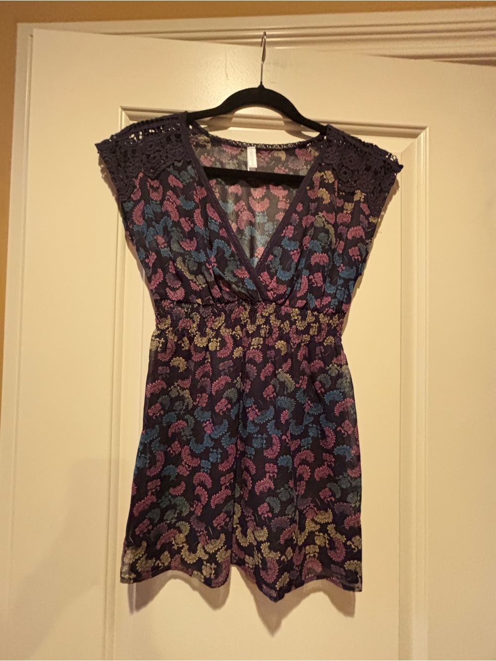 Xhilaration Multicolor Floral Crochet-Trim Sheer V-Neck Women’s Top